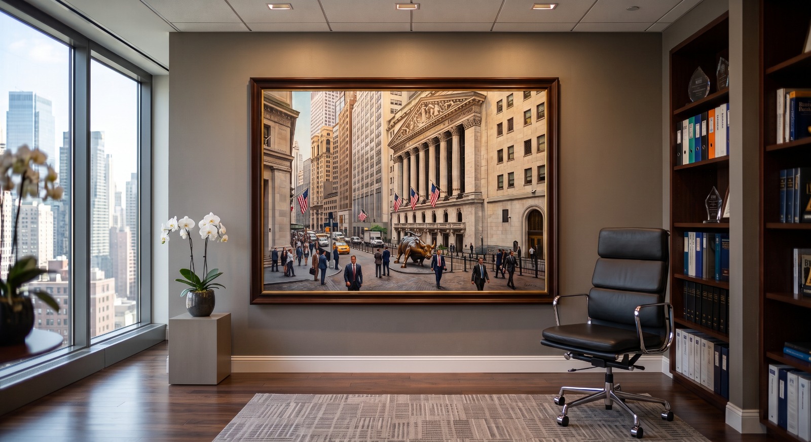 Ufficio affacciato sul distretto finanziario, con un dipinto di Wall Street alla parete